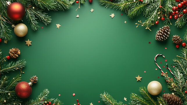 Świąteczna ramka na zielonym tle, ozdobiona festiwalowym konfetti i gałązkami choinki. Idealna na kartki świąteczne, z przestrzenią na dodanie personalnych życzeń i gratulacji.