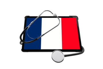 Tablet PC with France flag on screen and medical stethoscope on transparent background. Medical diagnostic concept and French healthcare system