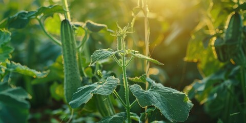 Cucumber gherkin plant Cucumis Sativus thriving in a summer kitchen garden