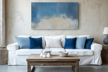 Coastal Inspired Living Room with White Sofa and Blue Accents
