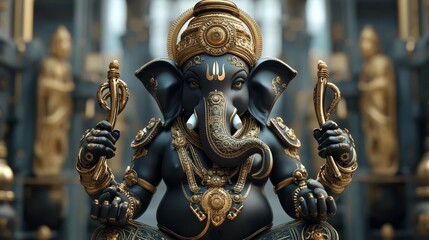 Fototapeta premium Ganesha with steampunk armor, brass gears, and mechanical detailing, set in an industrial temple