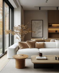 Modern Japandi Living Room with Warm Neutral Tones and Minimalist Decor