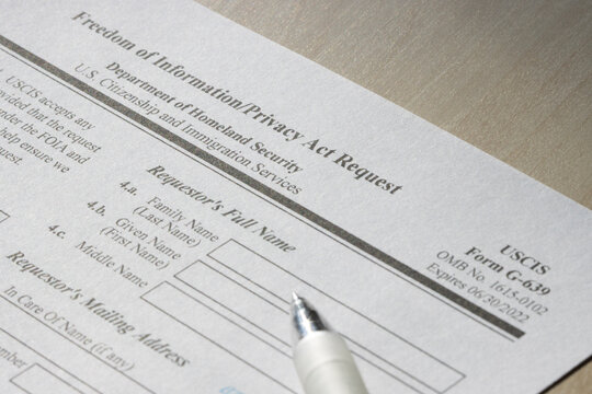 Closeup of Form G-639, Freedom of Information Privacy Act Request. FOIA request concept.