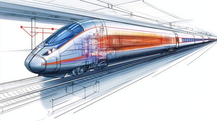 Fototapeta premium A technical drawing of a high-speed train with all components and aerodynamics highlighted