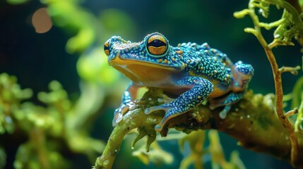 Colorful frog resting on a branch in a lush tropical habitat