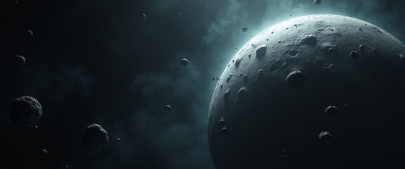 Floating space debris in orbit around a dark planet illuminated by faint starlight creating an eerie and mysterious deep-space atmosphere.