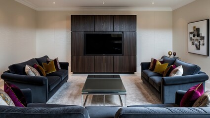 An Elegant Living Room Design With A Dark Wood Laminate TV