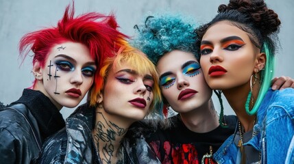 Fototapeta premium Friends pose confidently in bold streetwear, expressing individuality with colorful hairstyles and striking makeup in an urban backdrop