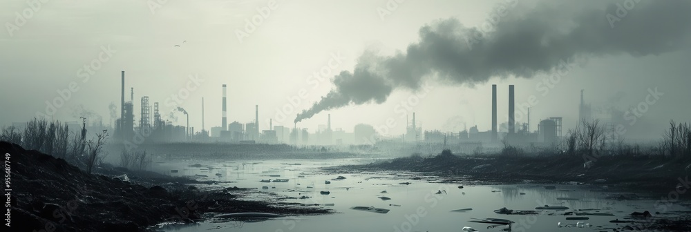 Poster a heavy layer of smog envelops a city skyline, while smoking factories loom over a river littered wi