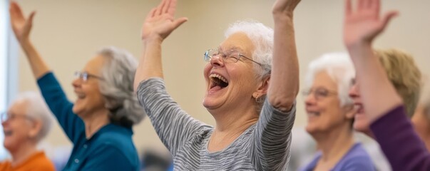 Group of seniors attending a laughter yoga session, light-hearted and joyful, promoting wellness