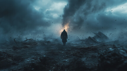 A solitary figure walks through a dark, stormy landscape toward a fiery, glowing horizon, evoking a sense of determination amidst chaos