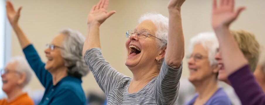 Group of seniors attending a laughter yoga session, light-hearted and joyful, promoting wellness