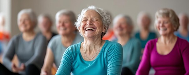 Group of seniors attending a laughter yoga session, light-hearted and joyful, promoting wellness