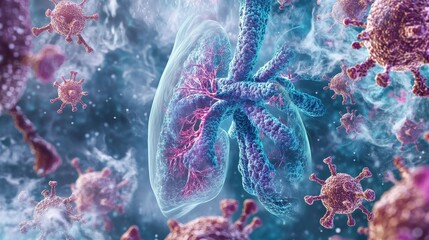 Illustration of Pseudomonas aeruginosa causing lung infection in a cystic fibrosis patient, showing the bacteria in a mucus-filled environment 