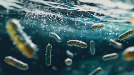 Illustration of Vibrio cholerae in a waterborne transmission scenario, with bacteria floating in contaminated water 