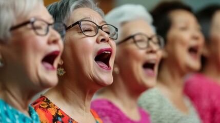 Obraz premium Group of seniors attending a karaoke night, singing together, vibrant and entertaining
