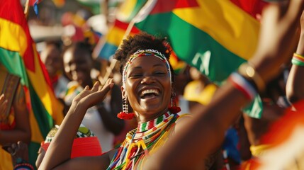 Jubilant African Crowd Celebrates Victory with Flags in Vibrant Colors, Uplifted Hands in the Streets