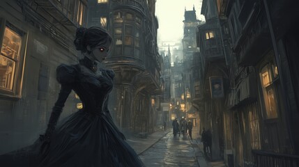 Obraz premium A mysterious figure in a dark dress wanders through a foggy, dimly lit street filled with antique buildings at dusk