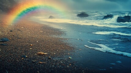 Rainbow over a sandy beach with ocean waves and rocks