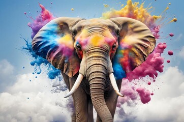 Elephant in a splash explosion of colors, variegated paint burst. Vibrant elephant head with smoke colorful paint splatter on blue background