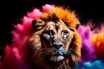 Fototapeta premium Lion in a splash explosion of colors, variegated paint burst. Vibrant lion head with smoke colorful paint splatter on dark background