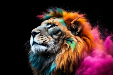 Fototapeta premium Lion in a splash explosion of colors, variegated paint burst. Vibrant lion head with smoke colorful paint splatter on dark background