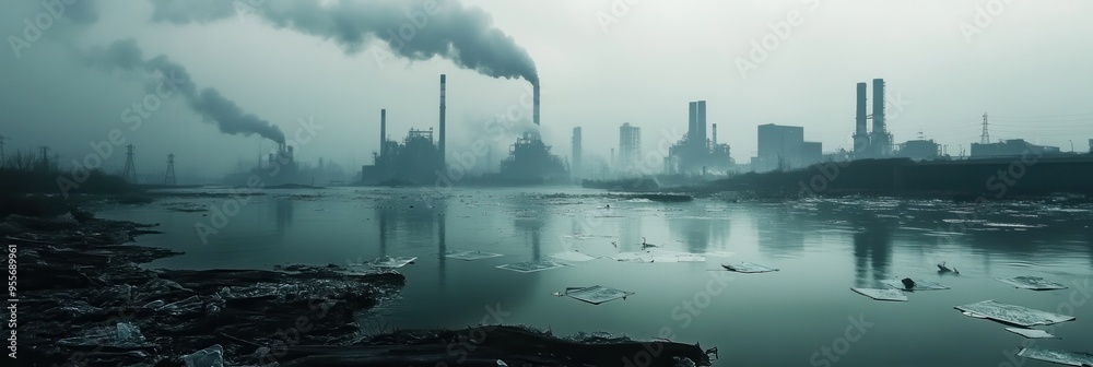 Poster a dense layer of smog engulfs a contemporary metropolis, as factories emit smoke and plastic litter 