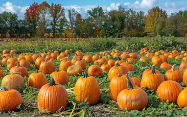 Colorful pumpkin patch filled with diverse pumpkins ready for harvest in late autumn