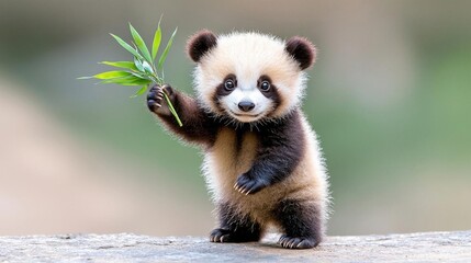 Obraz premium A chubby little panda holding a bamboo shoot in one paw and waving with the other, smiling