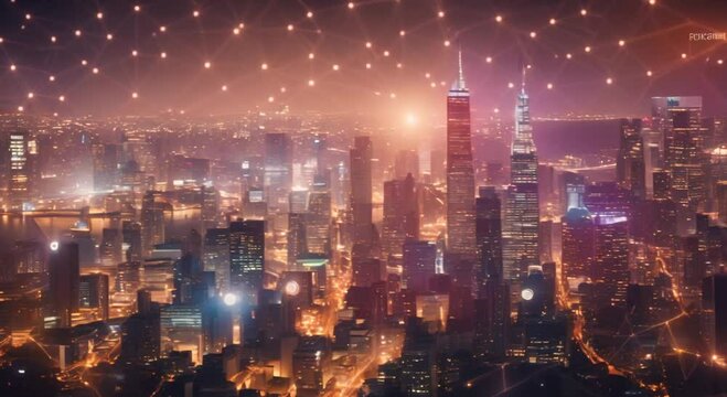 A close up of a digital interface displaying real time business analytics with urban city behing 4k animation