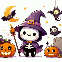 cute cartoon vector halloween cat and ghost