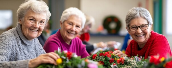 Seniors attending a wreath-making class, creating seasonal decor, bright and hands-on
