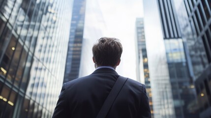 Fototapeta premium An office worker standing with his back turned in front of a tall building, seen from a low angle. Concept of the grandeur of the building symbolizing the pinnacle of one's career.