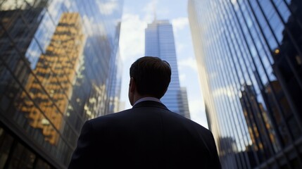 Fototapeta premium An office worker standing with his back turned in front of a tall building, seen from a low angle. Concept of the grandeur of the building symbolizing the pinnacle of one's career.