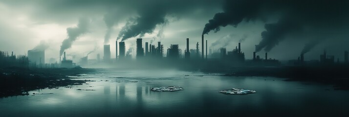 A modern city is obscured by heavy smog, with factory silhouettes on the horizon and plastic floating along a polluted river. Generative AI