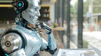 Fototapeta premium Advanced robot in modern office reflecting on work and innovation