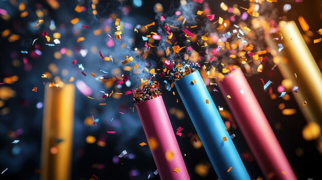 party poppers bursting with colorful confetti, perfect for celebrations and happy occasions concept banner