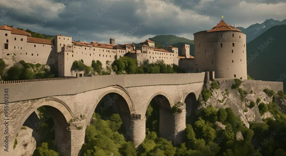 Canvas Prints A historic fortress with a small town on a mountain 4k animation