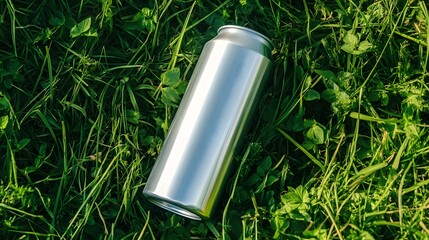 草の上のシルバーのアルミ缶