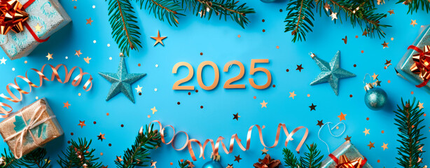 A collection of colorful gifts, star ornaments, and shiny decorations arranged around the year 2025, set against a bright blue backdrop, creating a festive atmosphere