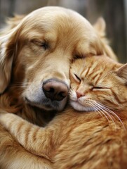 Golden retriever and ginger cat cuddling peacefully