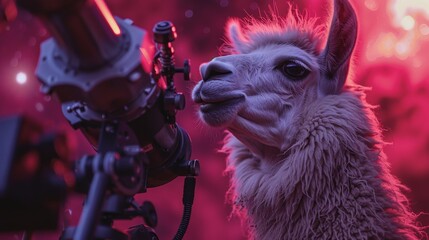 llama peers through a telescope