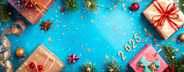 Presents wrapped in bright paper and ribbons are arranged on a vibrant blue surface, adorned with colorful confetti and festive decorations for New Year's celebrations