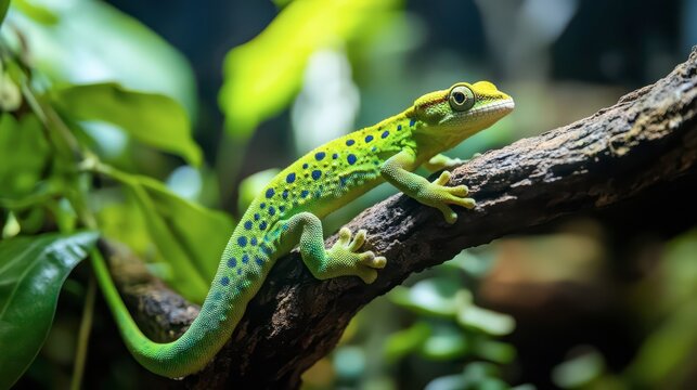 Bright green gecko resting on a branch among lush greenery indoors