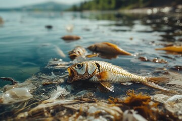Numerous dead fish lie on the shore, amid floating plastics and oil spills, highlighting severe environmental pollution. Generative AI