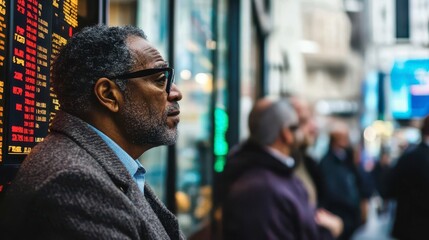Fototapeta premium Man waiting thoughtfully on a busy city street with digital signage nearby