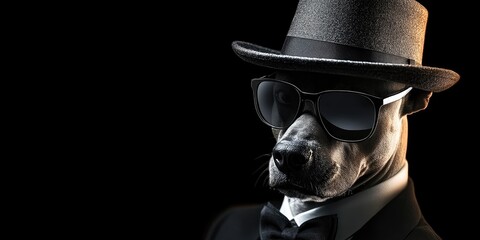 A dapper dog fashionably dons a hat and glasses, showcasing style and charisma in a classy setting perfect for an evening gathering