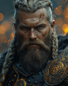 determined dwarf male warrior with braided hair and scarred face in the heat of battle