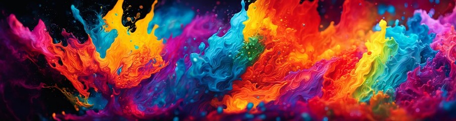 Fototapeta premium Abstract background with waves. Colorful paint splatters. Abstract background. Splashes of water on black. Explosion of colored paints. Close up view