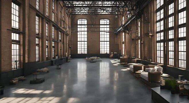 An old factory interior converted into loft apartments 4k animation